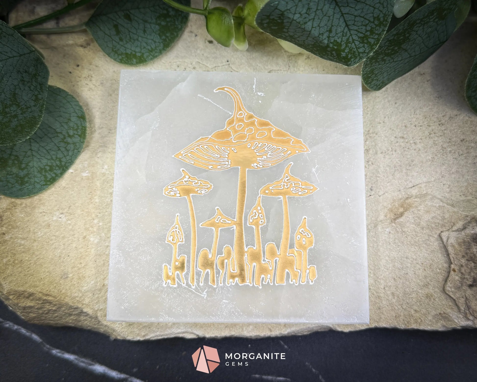 4-Inch Square Mushroom Selenite Plate – Hand-Carved Crystal Charging Disc for Energy Cleansing - Metaphysical Crystals