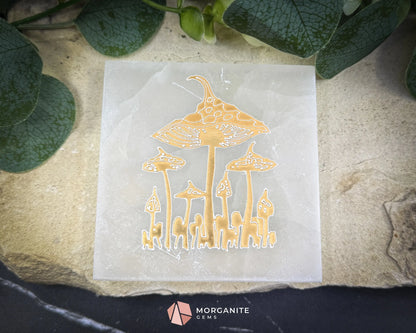 4-Inch Square Mushroom Selenite Plate – Hand-Carved Crystal Charging Disc for Energy Cleansing - Metaphysical Crystals