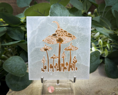 4-Inch Square Mushroom Selenite Plate – Hand-Carved Crystal Charging Disc for Energy Cleansing - Metaphysical Crystals