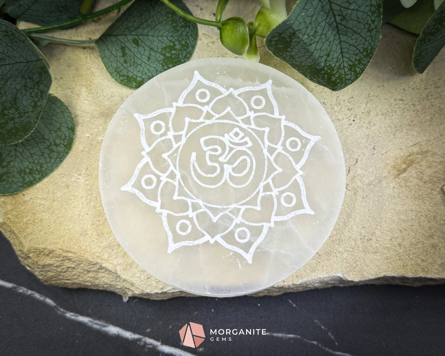 4″ Round Selenite Plate – OM Lotus Flower Engraved Charging & Meditation Disk - Metaphysical Crystals