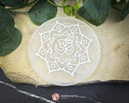 4″ Round Selenite Plate – OM Lotus Flower Engraved Charging & Meditation Disk - Metaphysical Crystals
