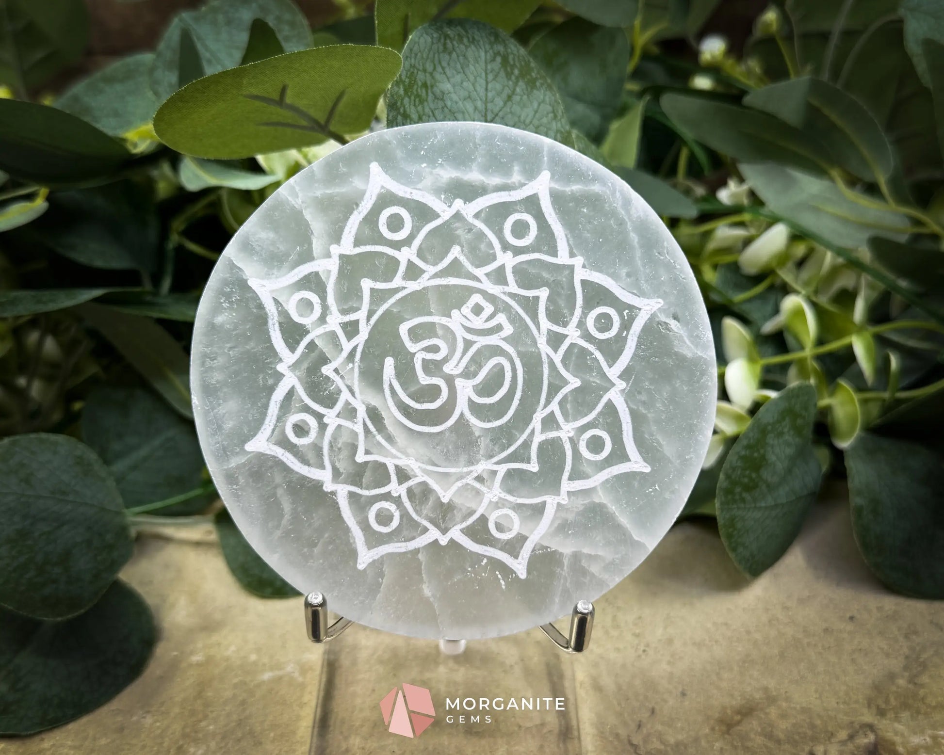 4″ Round Selenite Plate – OM Lotus Flower Engraved Charging & Meditation Disk - Metaphysical Crystals