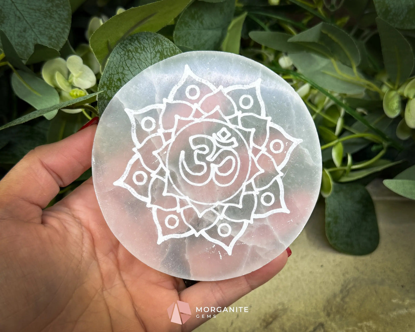 4″ Round Selenite Plate – OM Lotus Flower Engraved Charging & Meditation Disk - Metaphysical Crystals