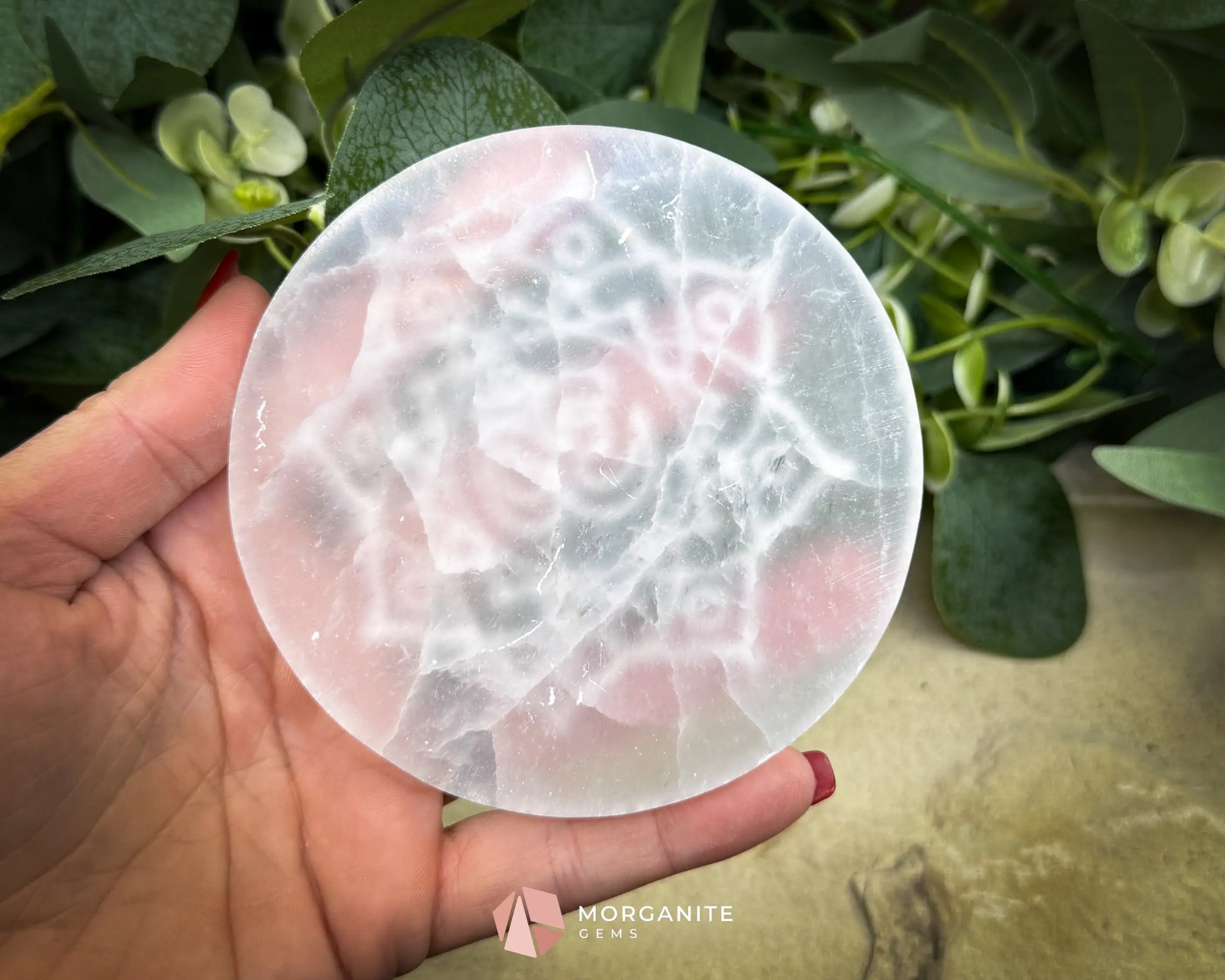 4″ Round Selenite Plate – OM Lotus Flower Engraved Charging & Meditation Disk - Metaphysical Crystals