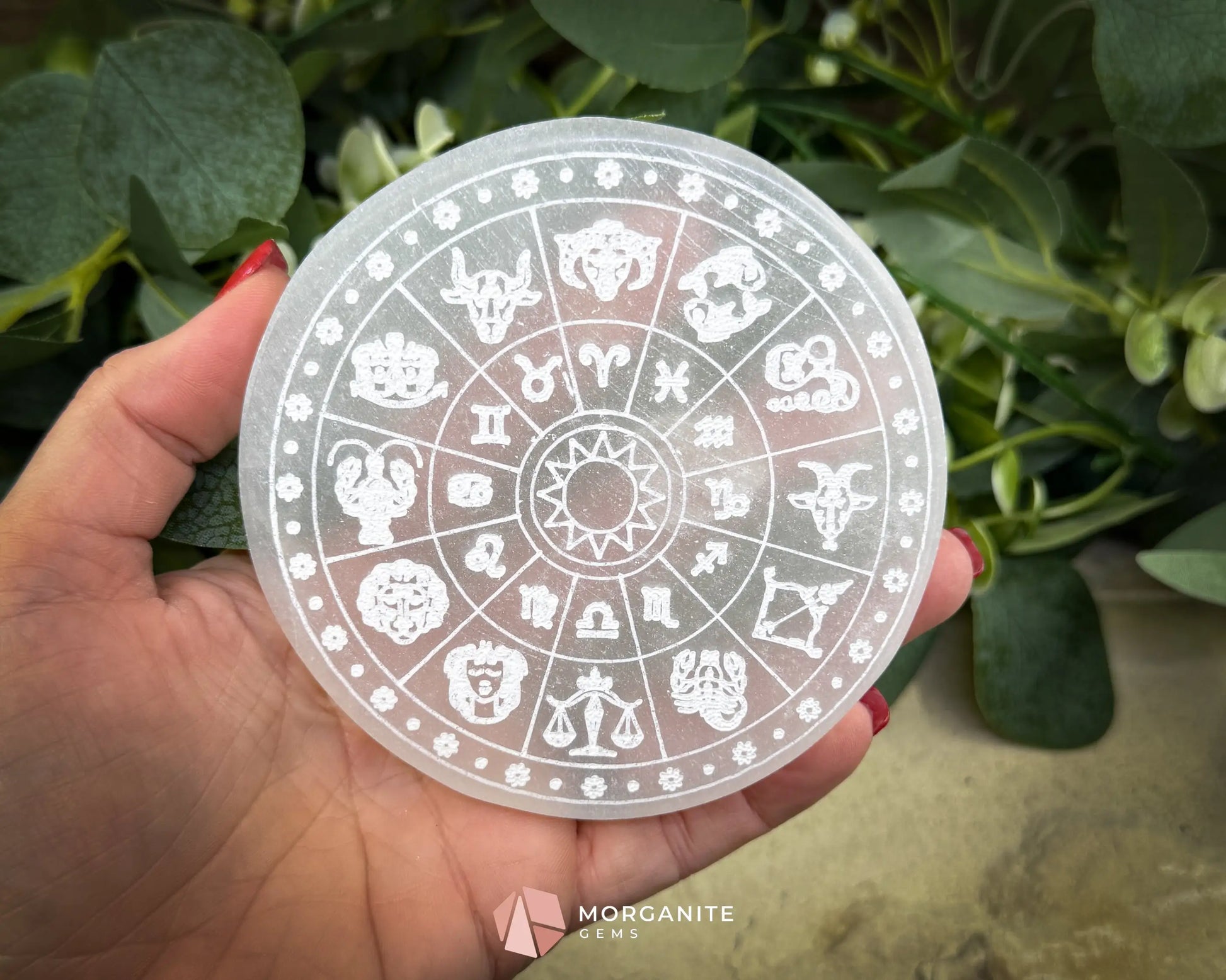 4″ Round Zodiac Selenite Plate – Astrological Signs Engraved Charging & Décor Disk - Metaphysical Crystals