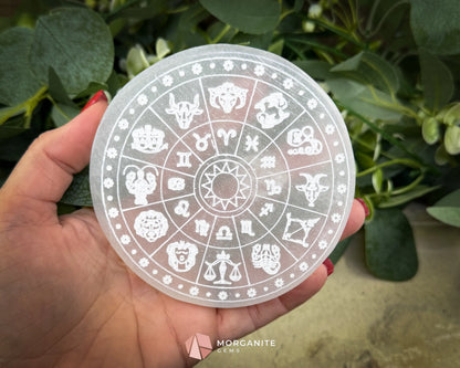 4″ Round Zodiac Selenite Plate – Astrological Signs Engraved Charging & Décor Disk - Metaphysical Crystals