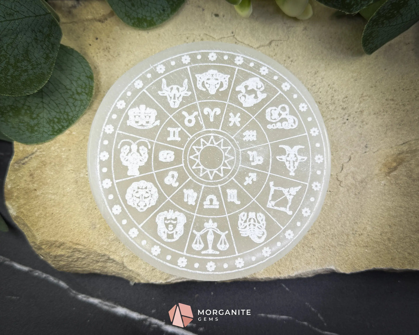 4″ Round Zodiac Selenite Plate – Astrological Signs Engraved Charging & Décor Disk - Metaphysical Crystals