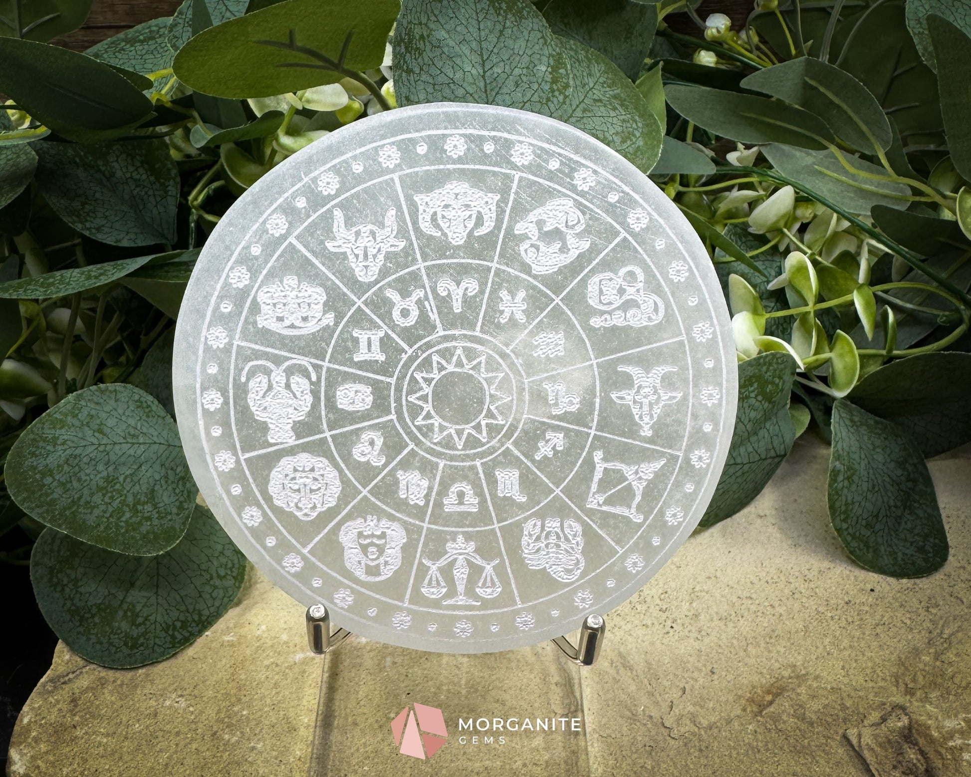 4″ Round Zodiac Selenite Plate – Astrological Signs Engraved Charging & Décor Disk - Metaphysical Crystals