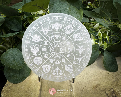 4″ Round Zodiac Selenite Plate – Astrological Signs Engraved Charging & Décor Disk - Metaphysical Crystals