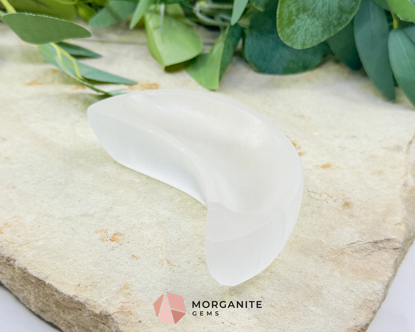 Polished Selenite Crescent Moon Bowl – 4" Satin Spar Charging Dish for Crystal Cleansing & Altar Decor