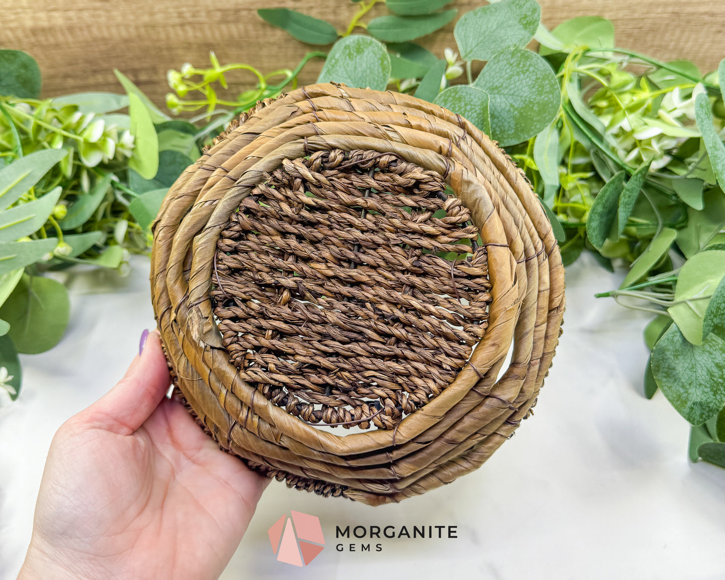 Handcrafted Round Woven Fiber Basket – 7.5" Natural Textured Bowl for Crystals, Air Plants, & Boho Decor