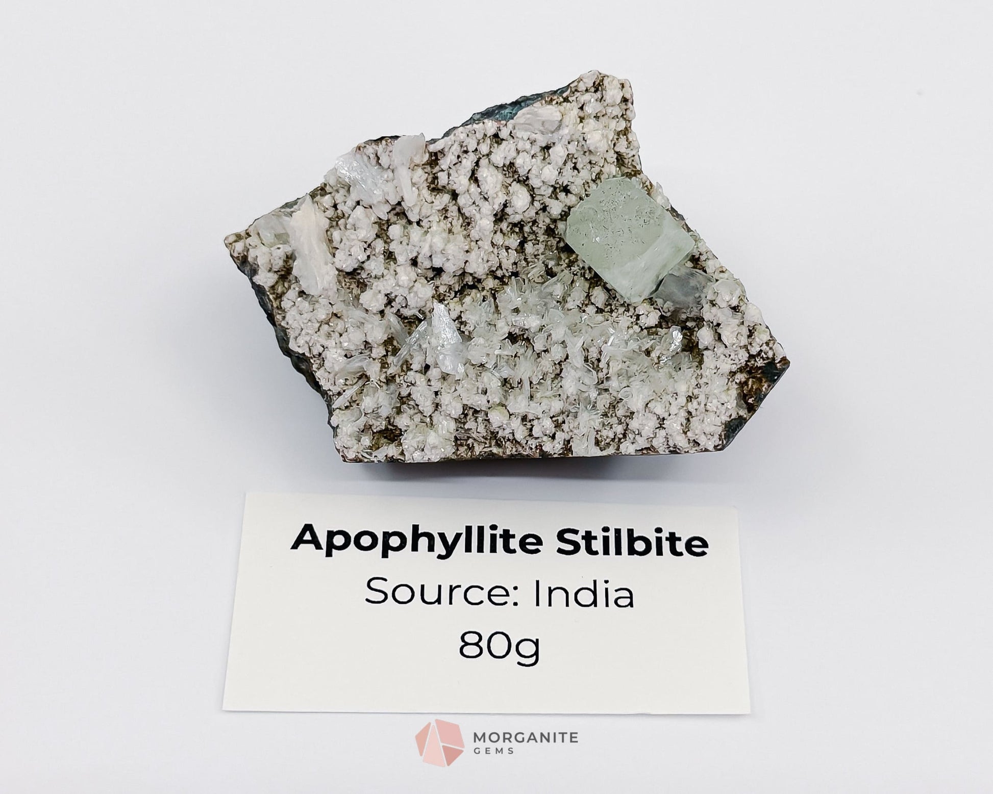 80g Green Apophyllite Cube with Stilbite on Chalcedony Base – Unique Crystal Specimen-Morganite Gems