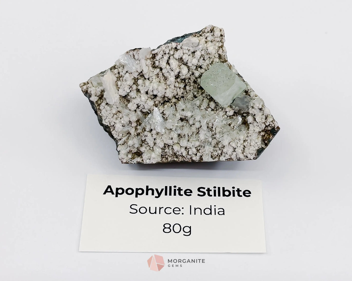 80g Green Apophyllite Cube with Stilbite on Chalcedony Base – Unique Crystal Specimen-Morganite Gems