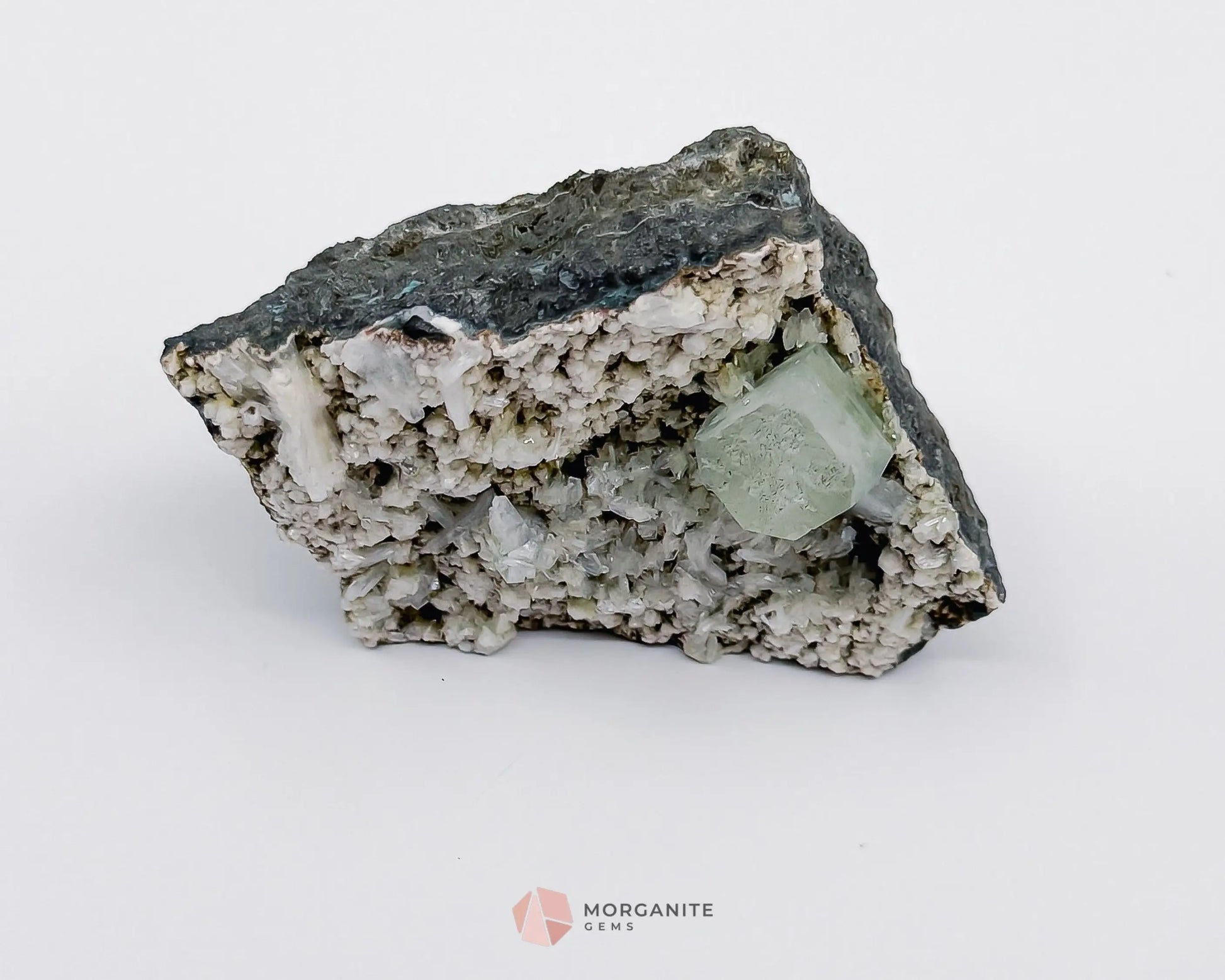 80g Green Apophyllite Cube with Stilbite on Chalcedony Base – Unique Crystal Specimen-Morganite Gems