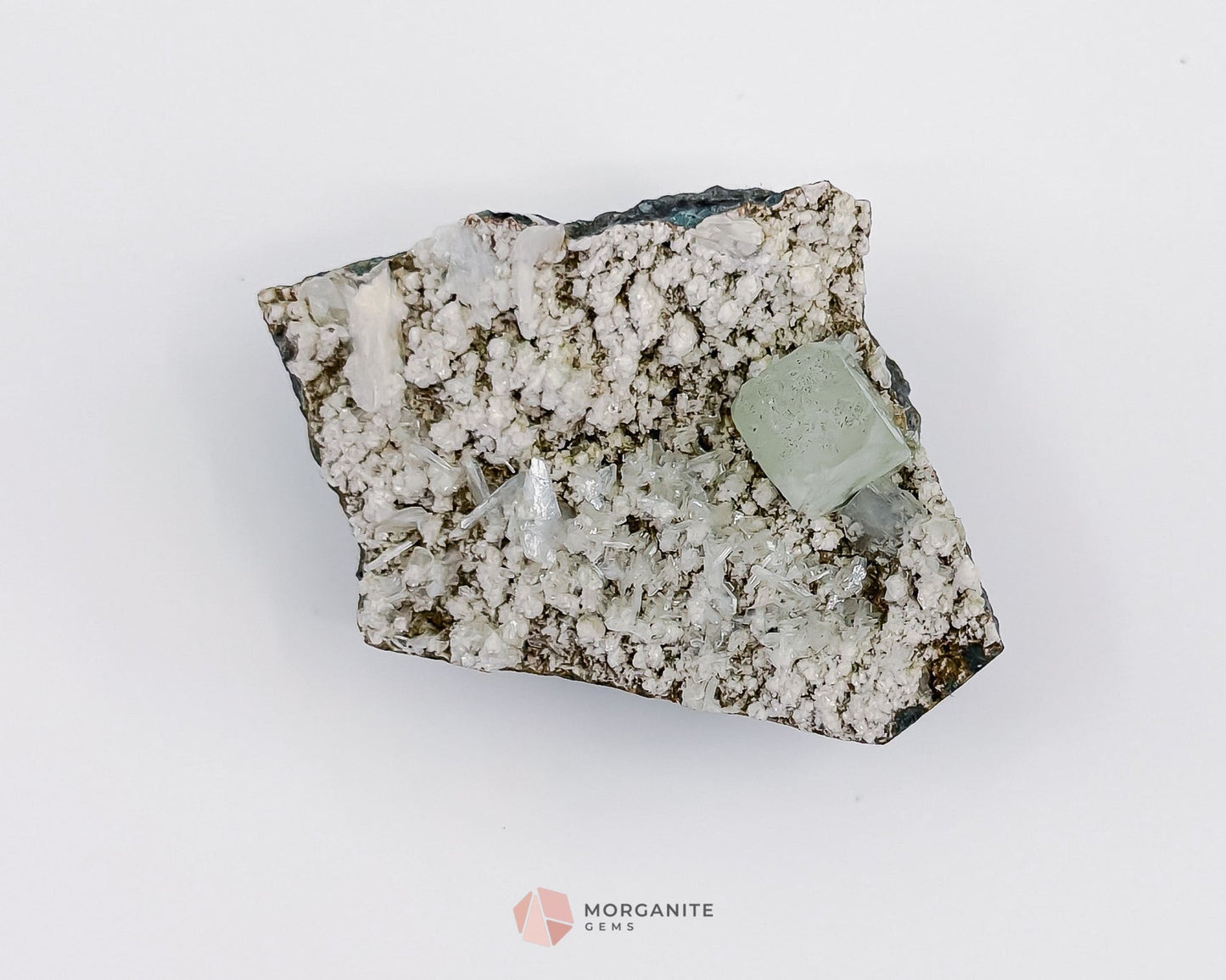 80g Green Apophyllite Cube with Stilbite on Chalcedony Base – Unique Crystal Specimen-Morganite Gems