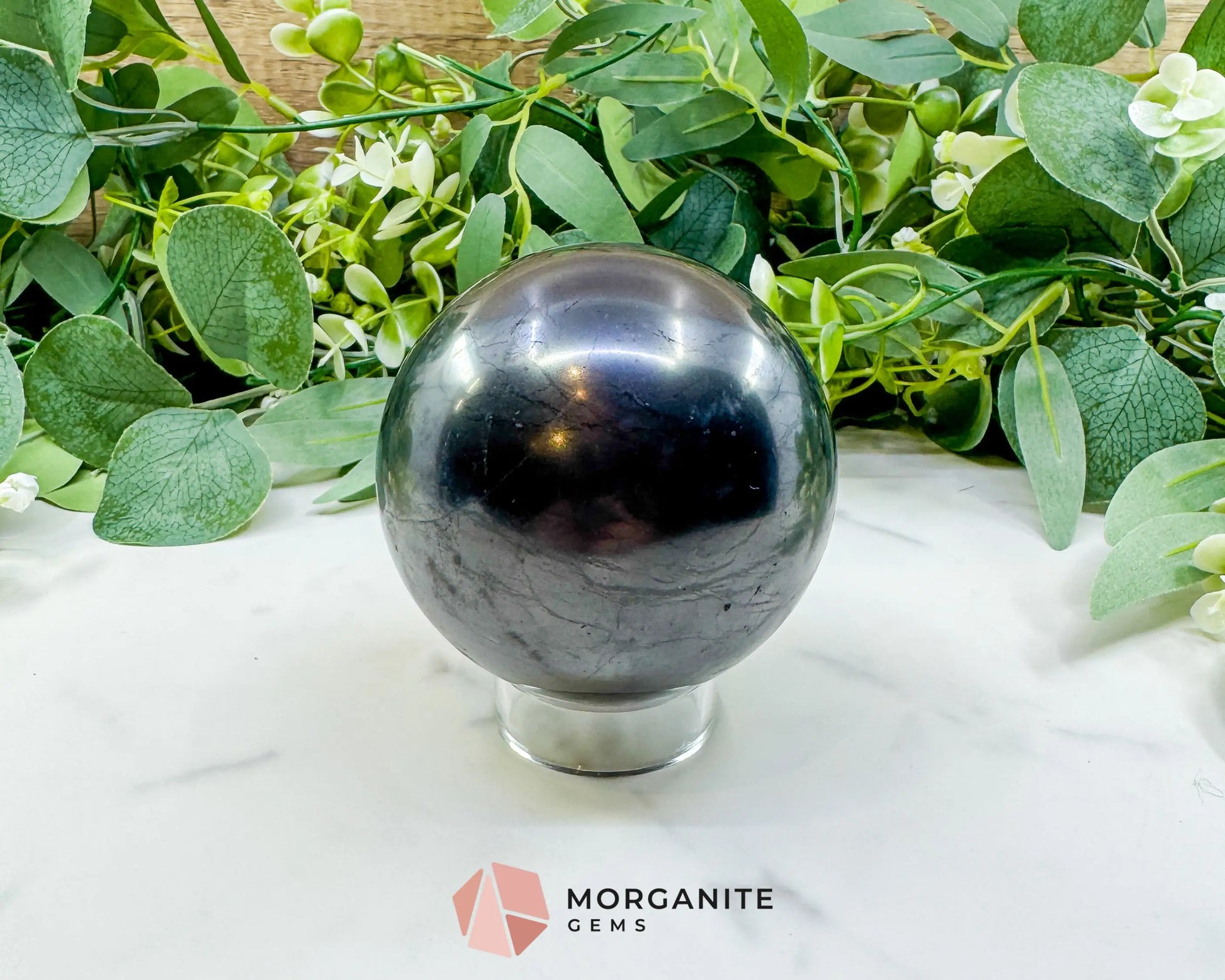 84mm Polished Shungite Sphere – High-Carbon Grounding Stone & EMF Protection Decor - Metaphysical Crystals