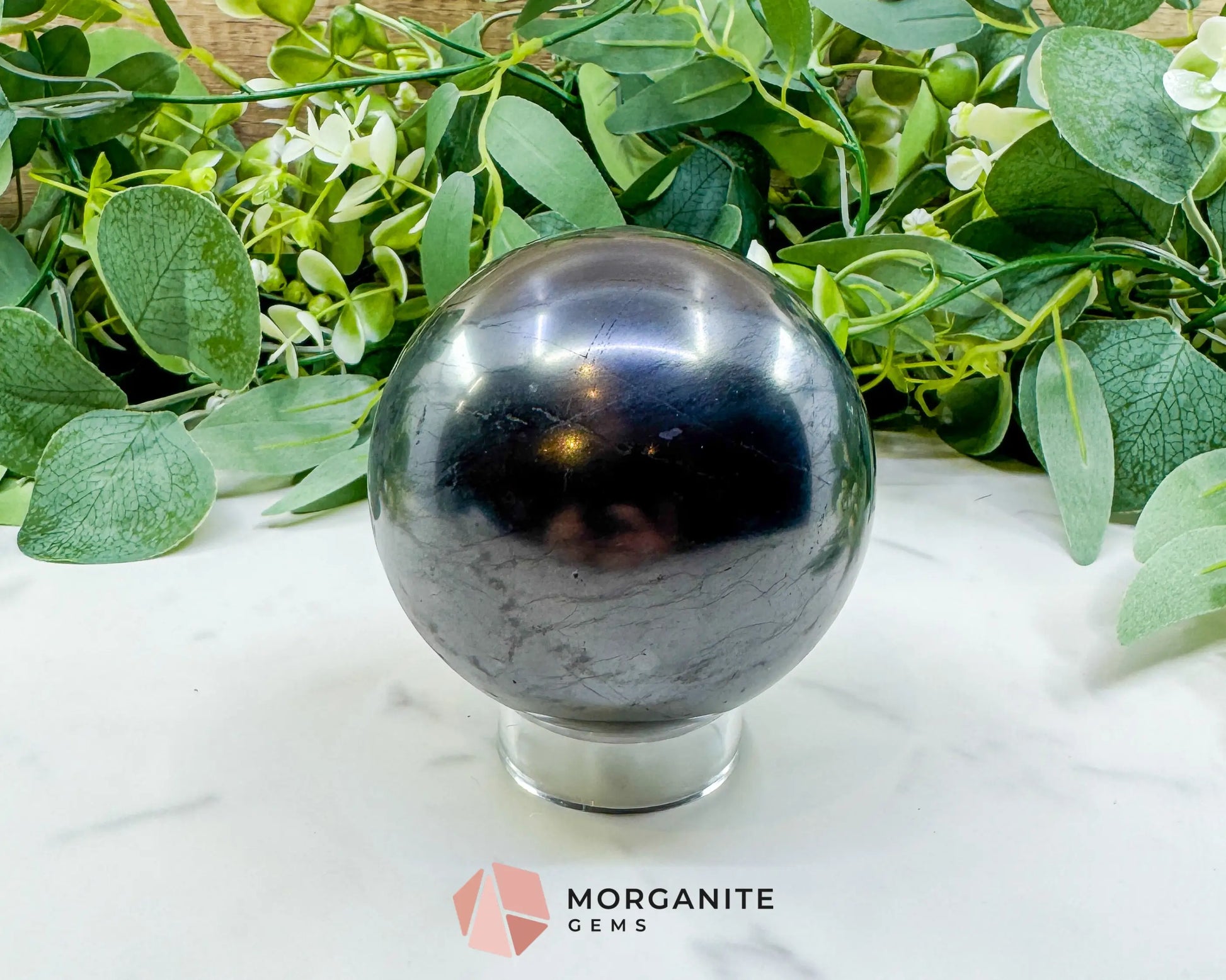84mm Polished Shungite Sphere – High-Carbon Grounding Stone & EMF Protection Decor - Metaphysical Crystals