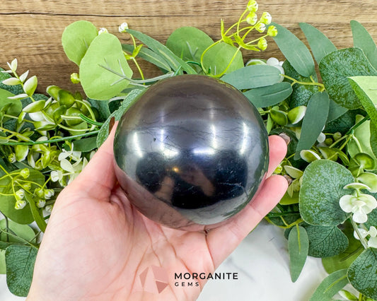 84mm Polished Shungite Sphere – High-Carbon Grounding Stone & EMF Protection Decor - Metaphysical Crystals