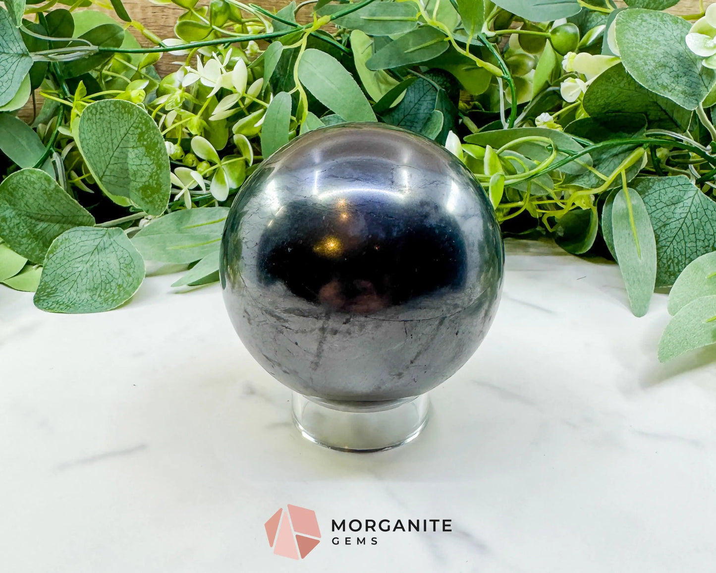 84mm Polished Shungite Sphere – High-Carbon Grounding Stone & EMF Protection Decor - Metaphysical Crystals