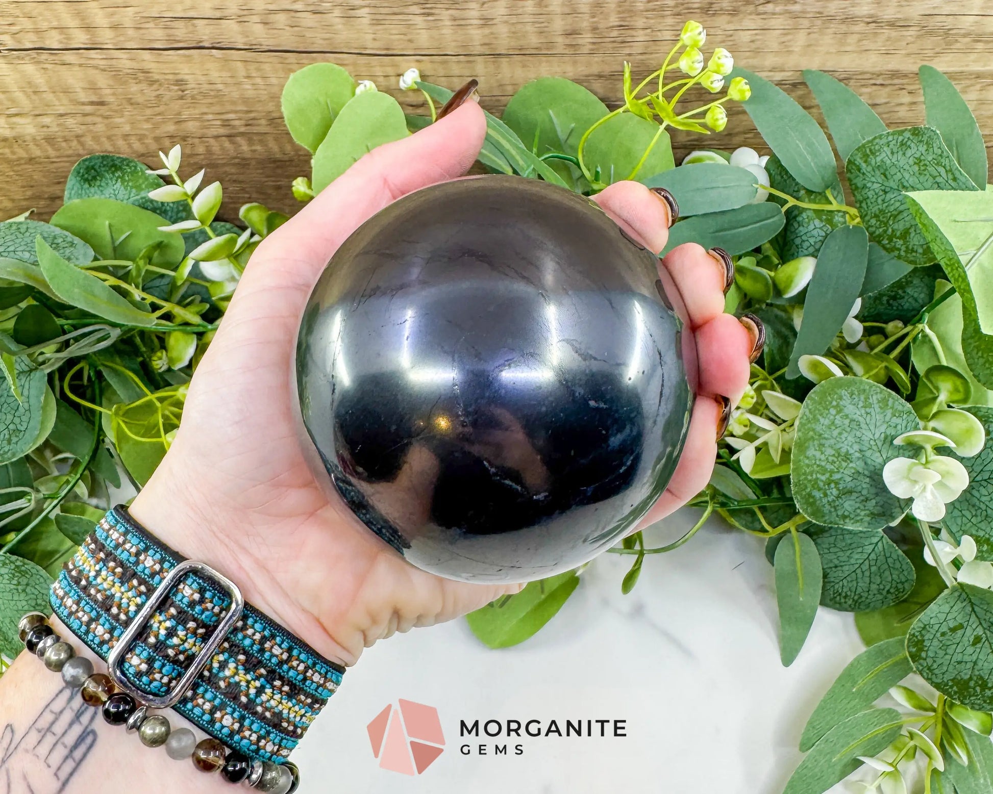84mm Polished Shungite Sphere – High-Carbon Grounding Stone & EMF Protection Decor - Metaphysical Crystals