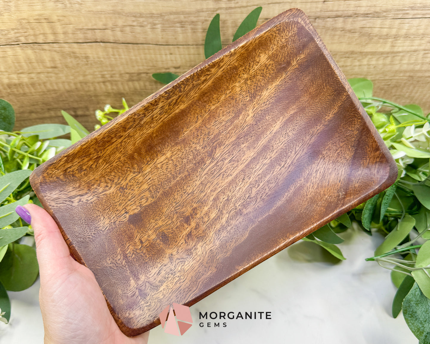 Handcrafted Wood Rectangle Display Tray – 9" x 5.5" Natural Decorative Dish for Crystals, Jewelry, & Altar Organization