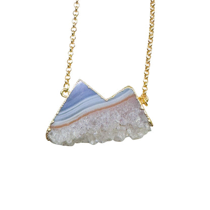 Agate Mountain Pendant Necklace in Gold – Blue Banded Druzy Crystal Peak Jewelry – Grounding Stone Pendant for Stability & Balance