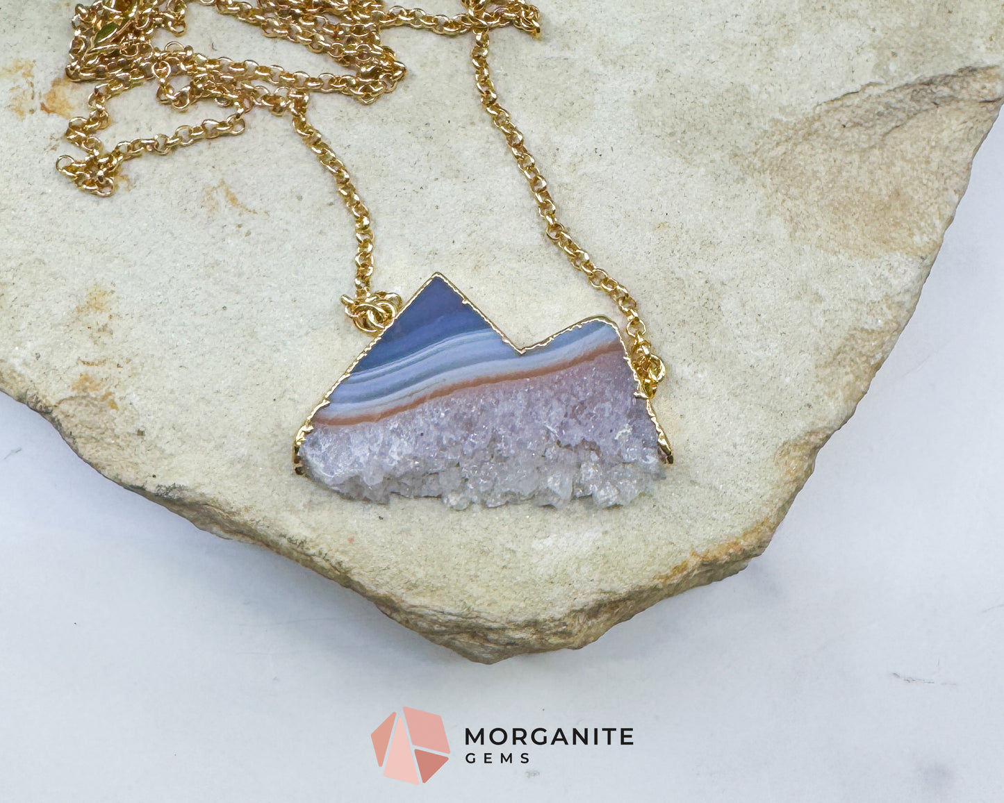 Agate Mountain Pendant Necklace in Gold – Blue Banded Druzy Crystal Peak Jewelry – Grounding Stone Pendant for Stability & Balance