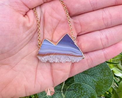 Agate Mountain Pendant Necklace in Gold – Blue Banded Druzy Crystal Peak Jewelry – Grounding Stone Pendant for Stability & Balance