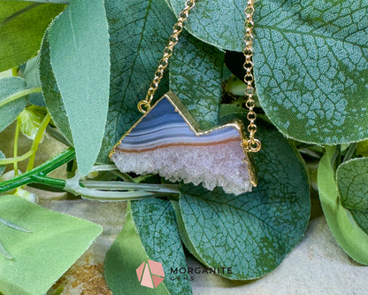 Agate Mountain Pendant Necklace in Gold – Blue Banded Druzy Crystal Peak Jewelry – Grounding Stone Pendant for Stability & Balance