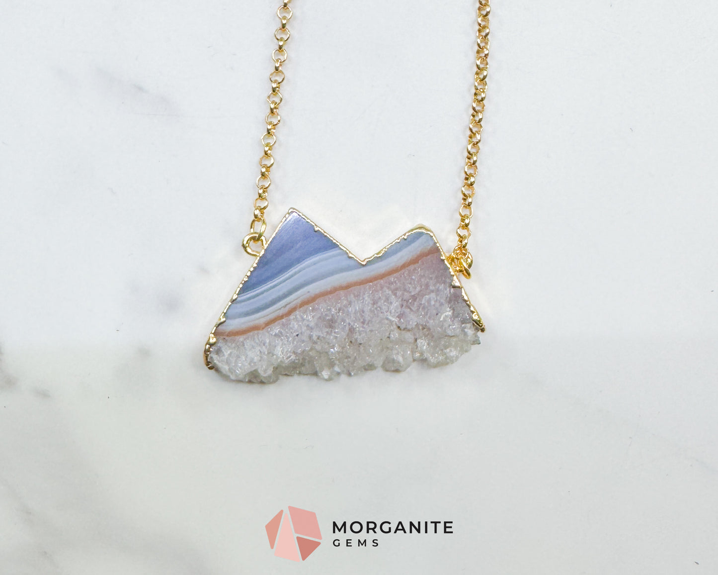 Agate Mountain Pendant Necklace in Gold – Blue Banded Druzy Crystal Peak Jewelry – Grounding Stone Pendant for Stability & Balance