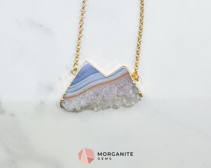 Agate Mountain Pendant Necklace in Gold – Blue Banded Druzy Crystal Peak Jewelry – Grounding Stone Pendant for Stability & Balance