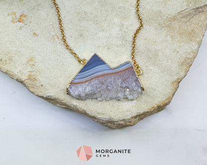 Agate Mountain Pendant Necklace in Gold – Blue Banded Druzy Crystal Peak Jewelry – Grounding Stone Pendant for Stability & Balance
