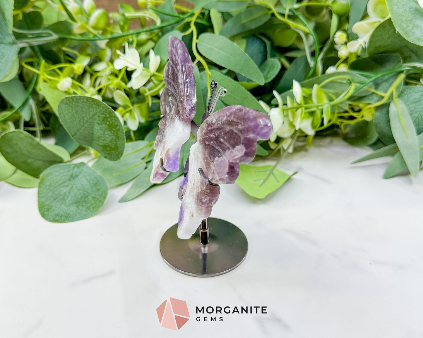 Amethyst Butterfly Wings on Stand No. 2 – 5.1" Hand-Carved Purple Quartz – Crown Chakra Crystal for Peace & Transformation