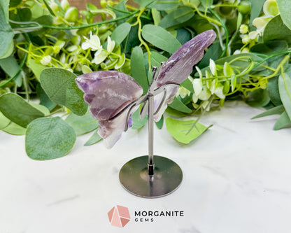 Amethyst Butterfly Wings on Stand No. 2 – 5.1" Hand-Carved Purple Quartz – Crown Chakra Crystal for Peace & Transformation