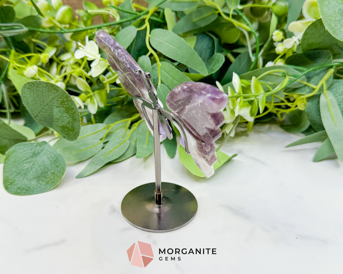 Amethyst Butterfly Wings on Stand No. 2 – 5.1" Hand-Carved Purple Quartz – Crown Chakra Crystal for Peace & Transformation
