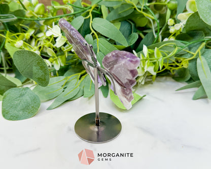Amethyst Butterfly Wings on Stand No. 2 – 5.1" Hand-Carved Purple Quartz – Crown Chakra Crystal for Peace & Transformation
