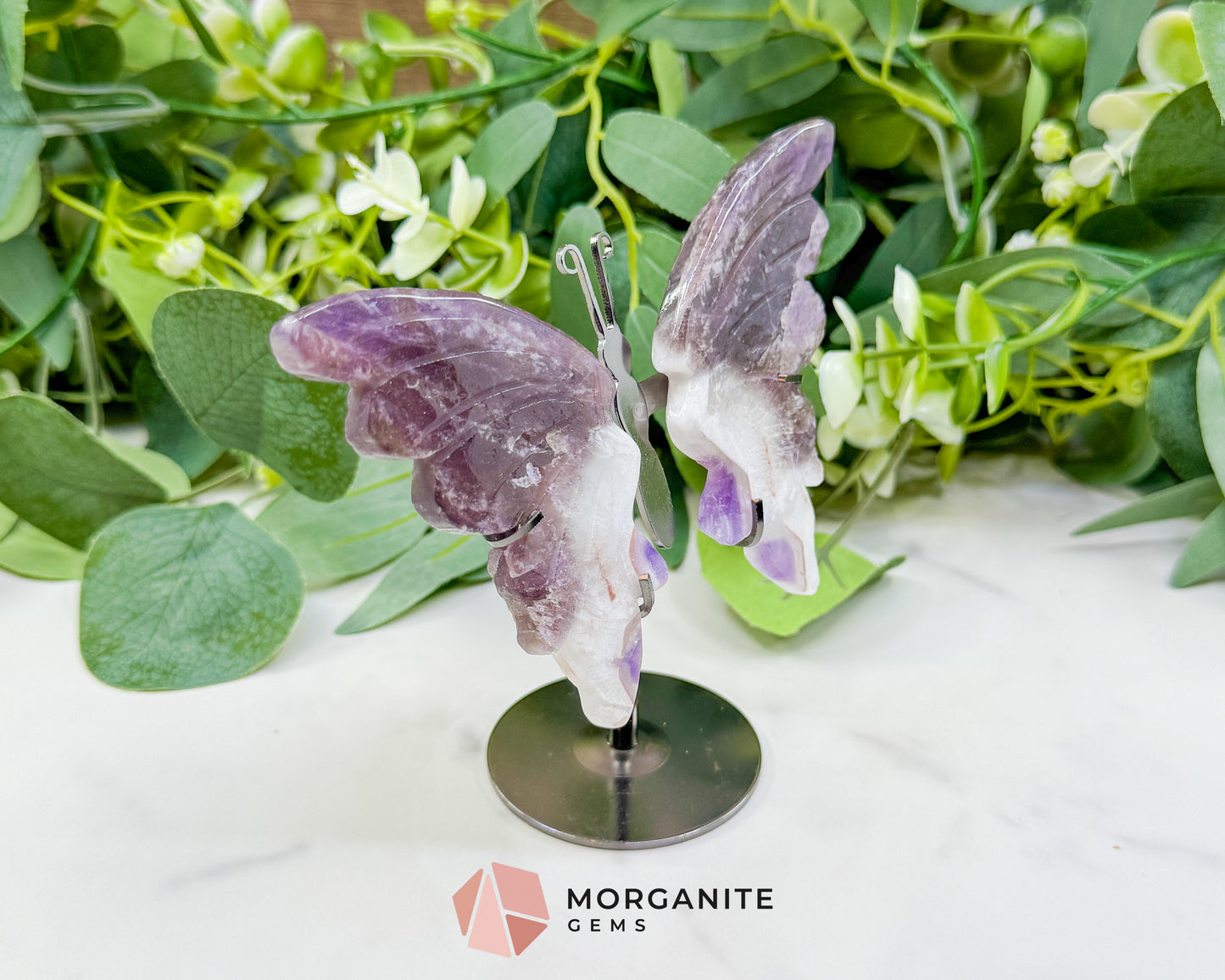 Amethyst Butterfly Wings on Stand No. 2 – 5.1" Hand-Carved Purple Quartz – Crown Chakra Crystal for Peace & Transformation