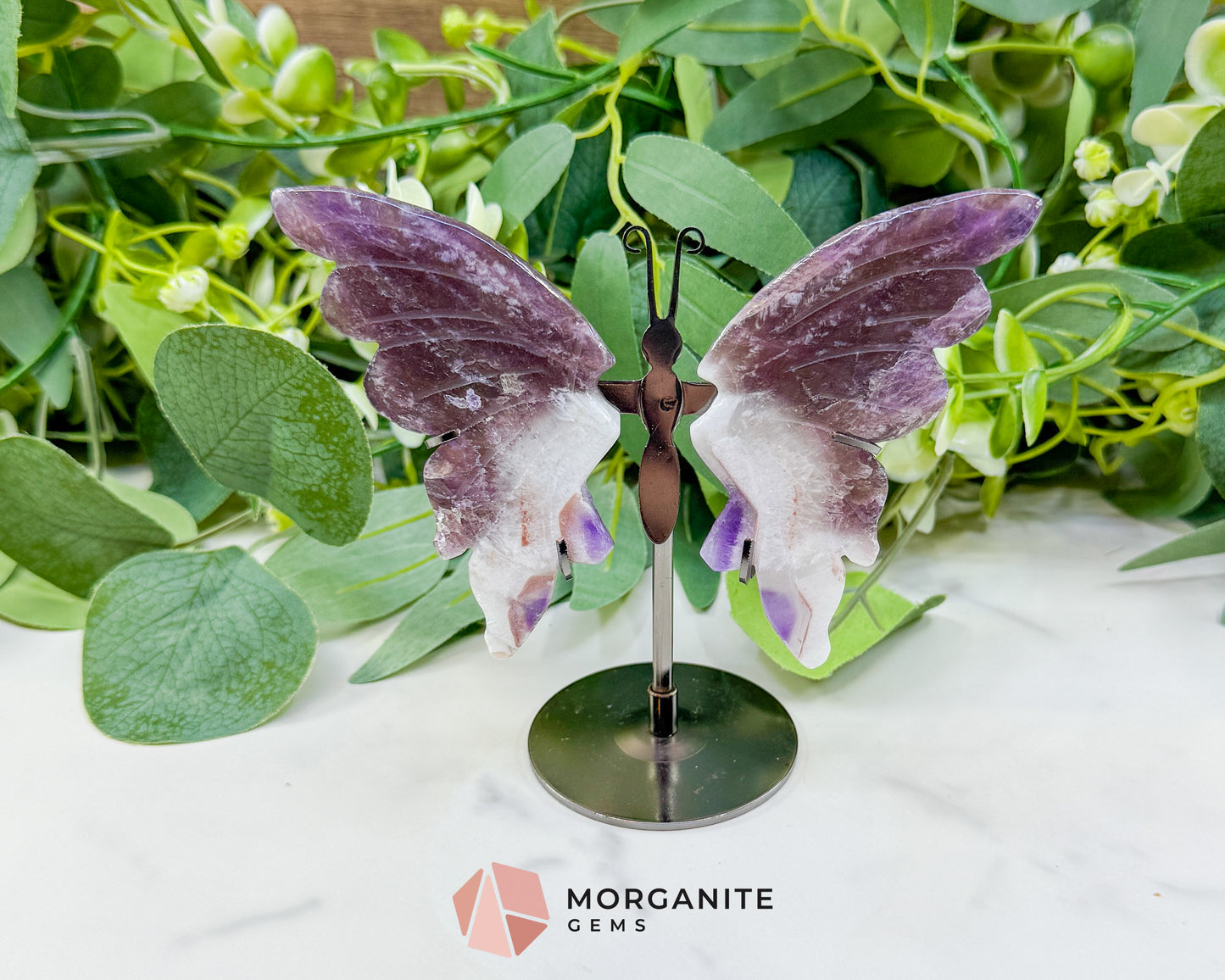 Amethyst Butterfly Wings on Stand No. 2 – 5.1" Hand-Carved Purple Quartz – Crown Chakra Crystal for Peace & Transformation