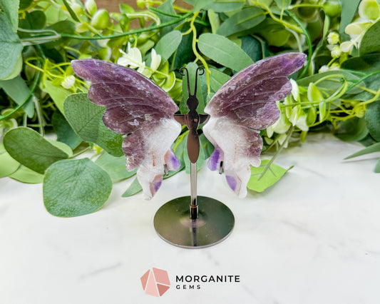 Amethyst Butterfly Wings on Stand No. 2 – 5.1" Hand-Carved Purple Quartz – Crown Chakra Crystal for Peace & Transformation