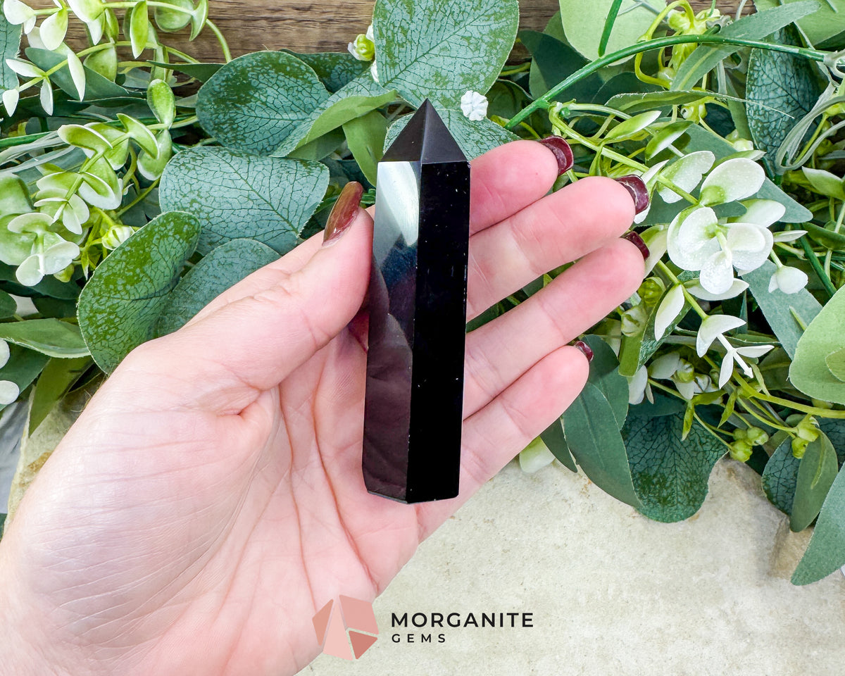 Black Obsidian Tower Point 3.5 Inch Crystal Generator Protection Grounding Root Chakra Healing