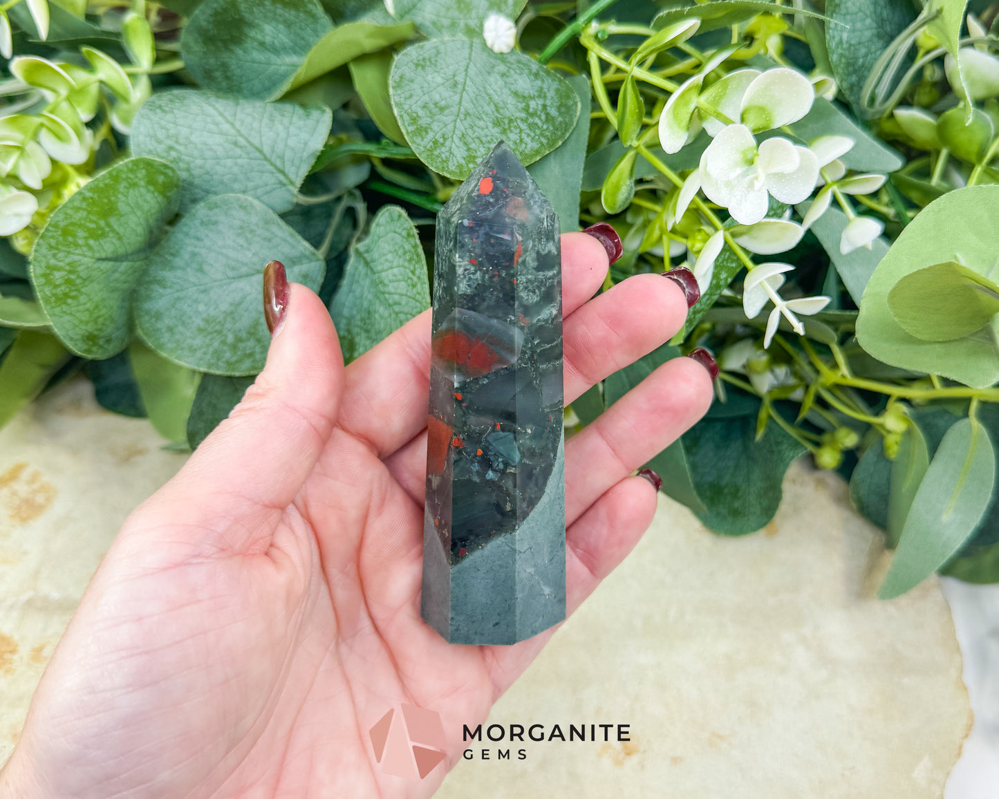 Bloodstone Tower Point 4 Inch Crystal Obelisk for Grounding Courage Vitality & Strength