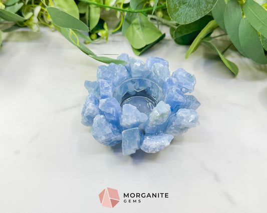 Blue Calcite Raw Crystal Tealight Candle Holder No. 2 – Natural Lotus Design for Peace & Throat Chakra Healing