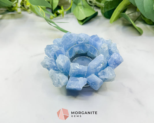 Blue Calcite Raw Crystal Tealight Candle Holder No. 1 – Natural Sky Blue Lotus Design for Peace, Relaxation, & Throat Chakra Healing