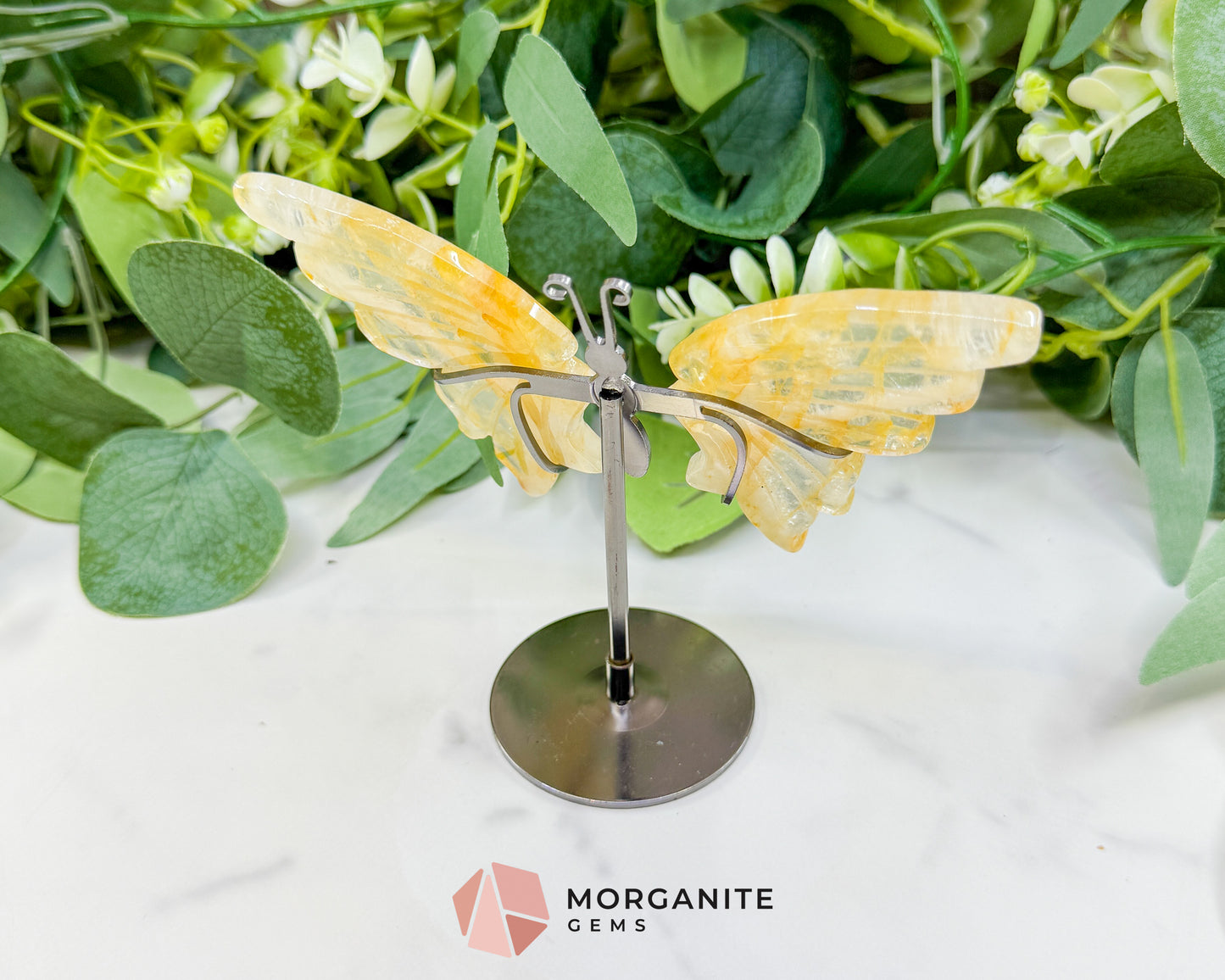 Citrine Crystal Butterfly Wings on Metal Stand – 5" Hand-Carved Solar Plexus Stone for Manifestation & Joy