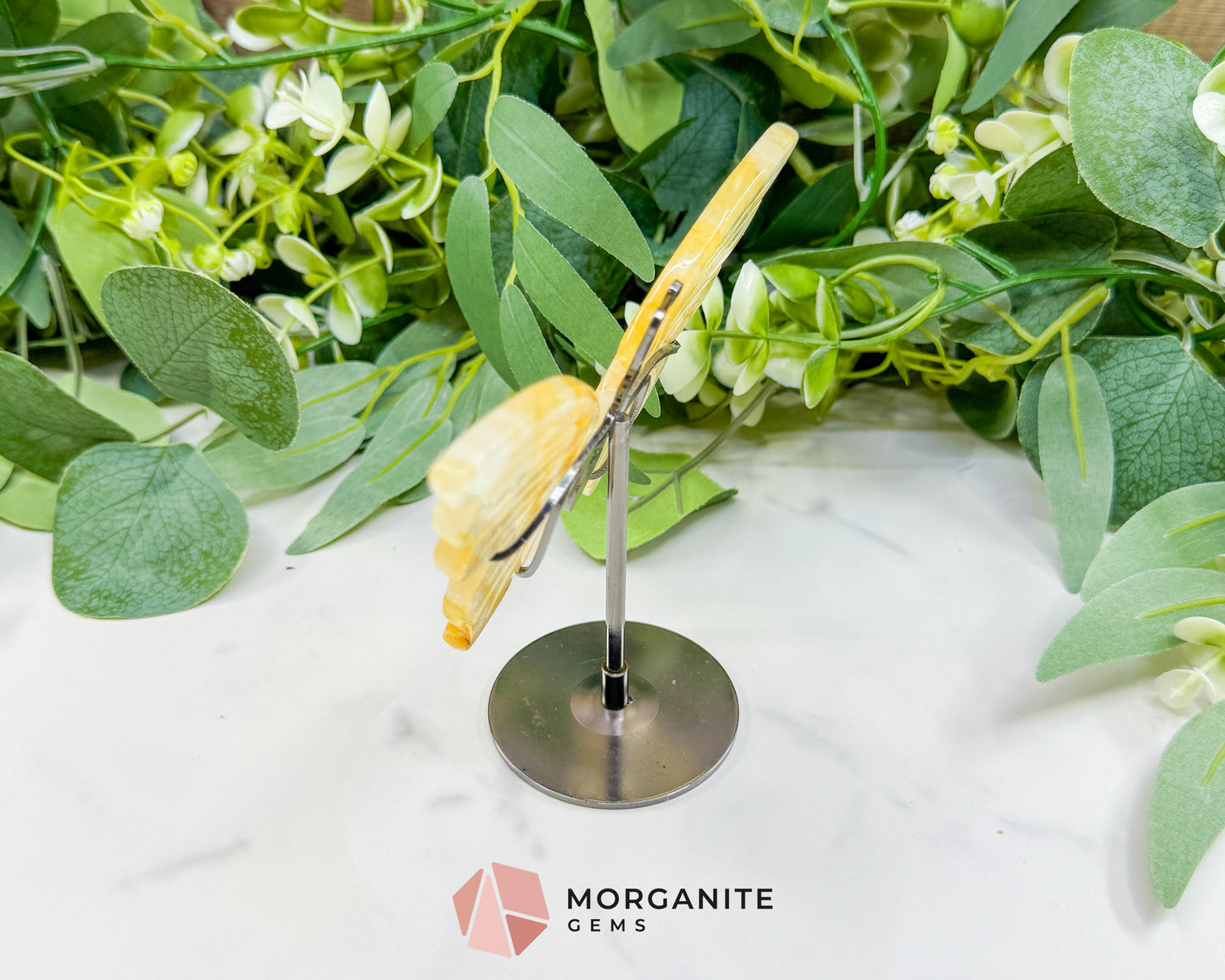 Citrine Crystal Butterfly Wings on Metal Stand – 5" Hand-Carved Solar Plexus Stone for Manifestation & Joy