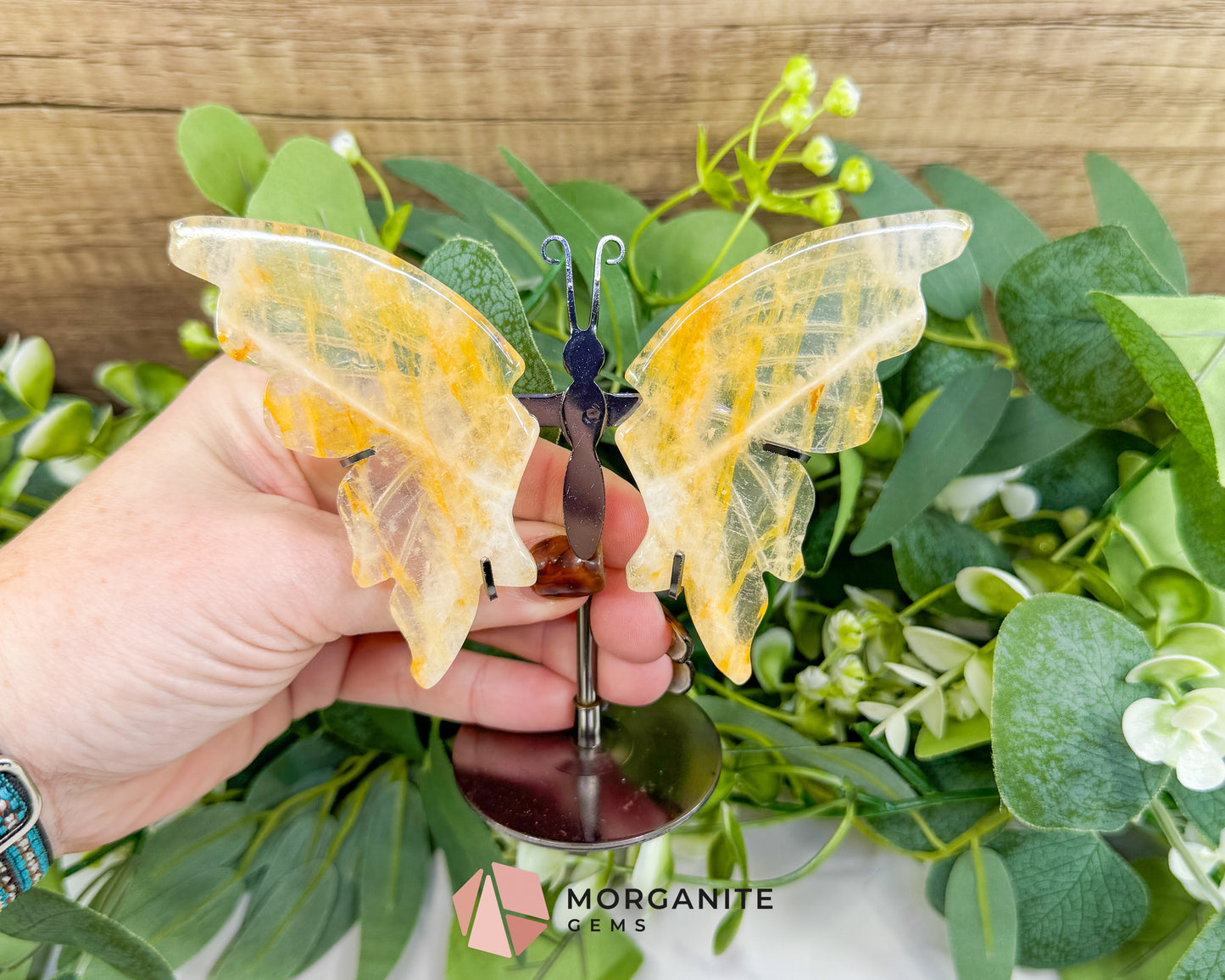 Citrine Crystal Butterfly Wings on Metal Stand – 5" Hand-Carved Solar Plexus Stone for Manifestation & Joy
