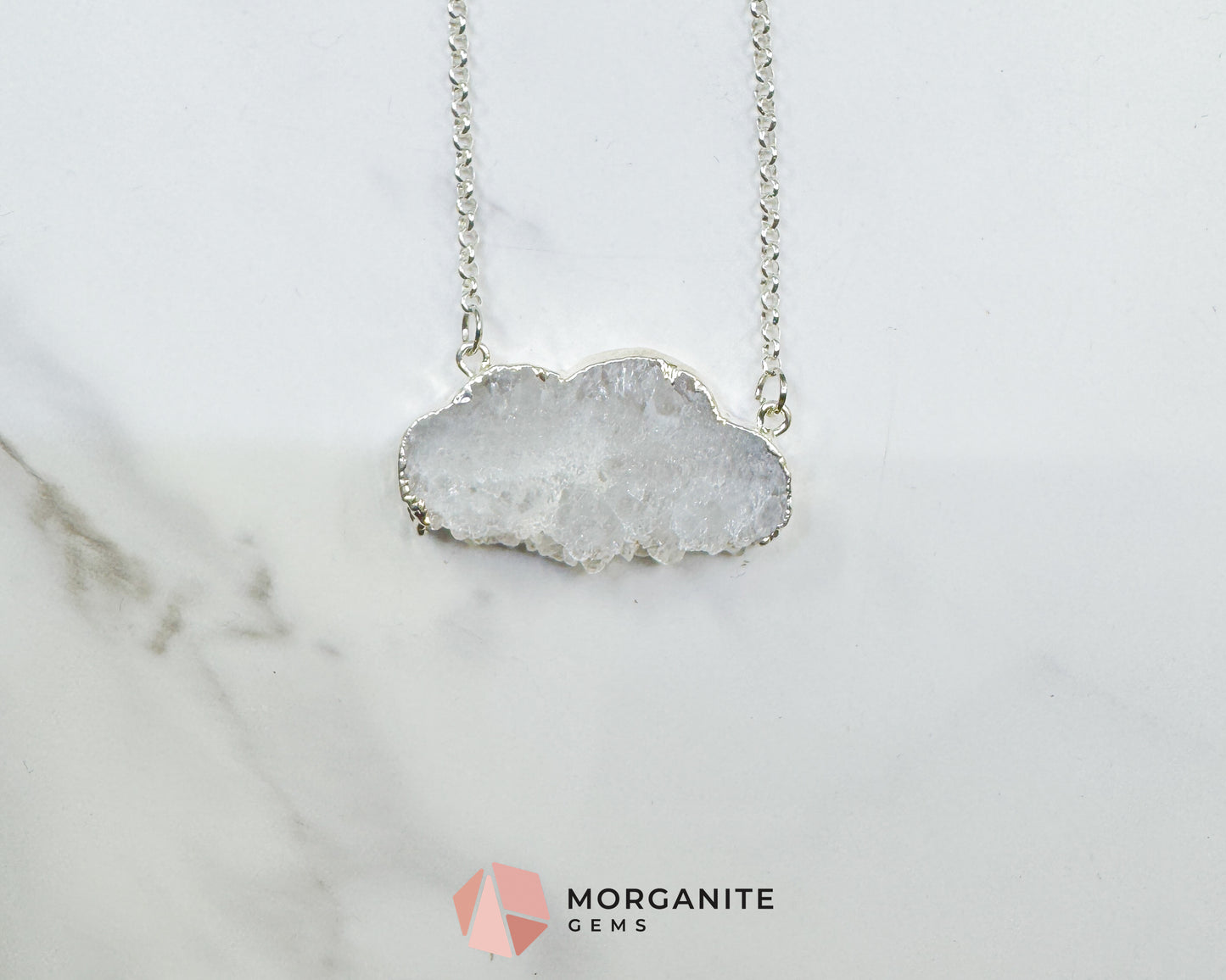 Clear Quartz Cloud Necklace – Polished Druzy Crystal Cloud Pendant – Silver Tone Chain for Clarity, Focus, & High Vibrations