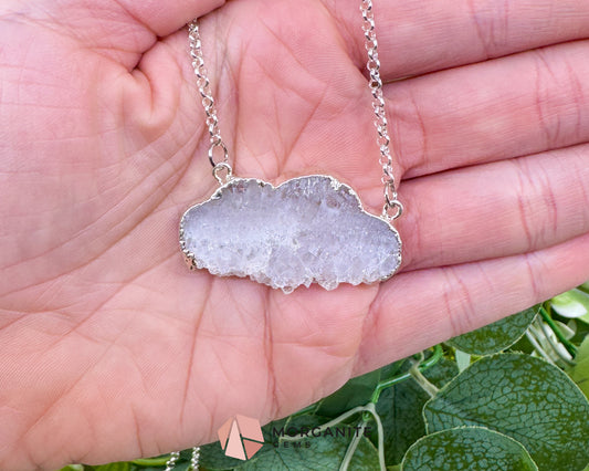 Clear Quartz Cloud Necklace – Polished Druzy Crystal Cloud Pendant – Silver Tone Chain for Clarity, Focus, & High Vibrations
