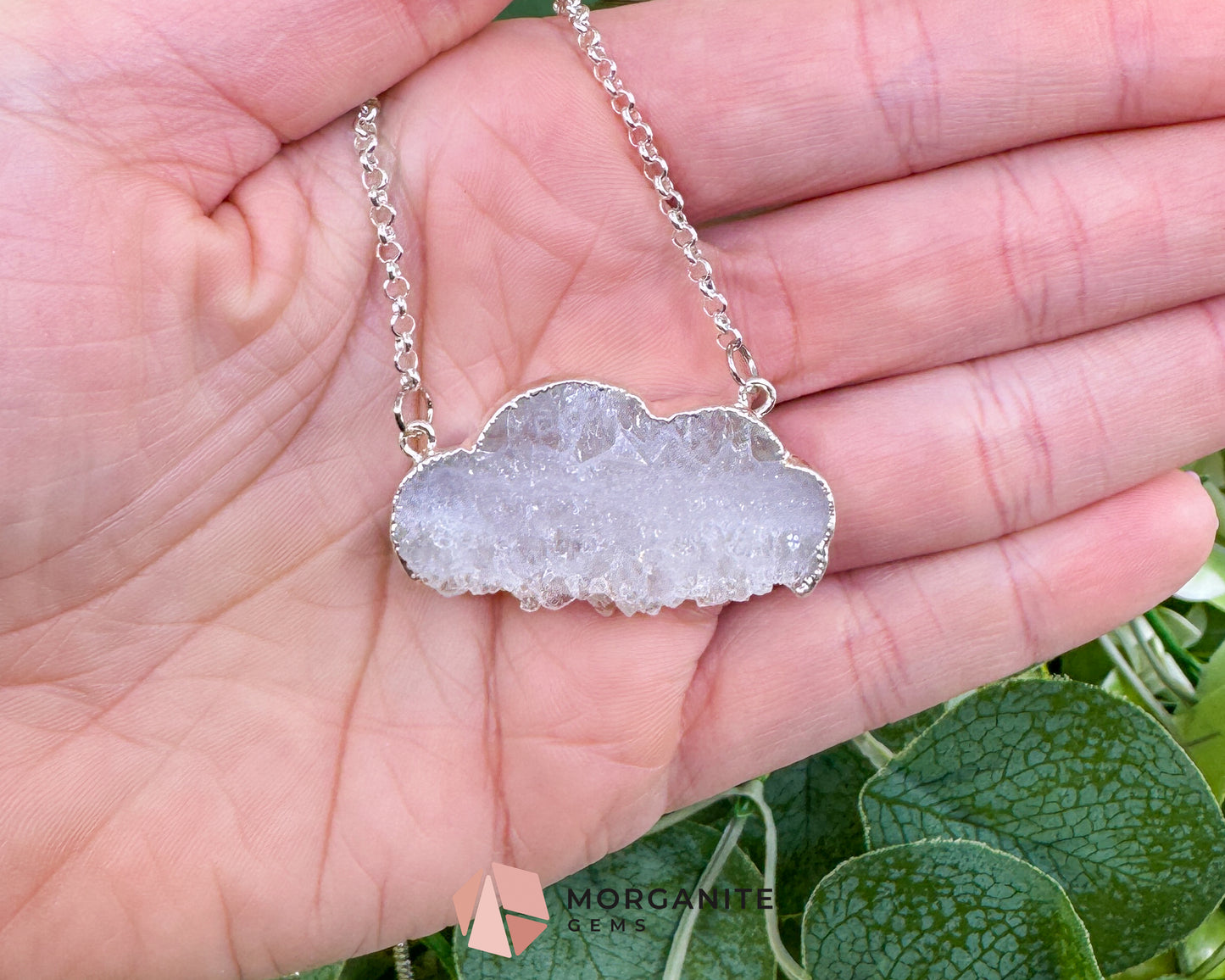 Clear Quartz Cloud Necklace – Polished Druzy Crystal Cloud Pendant – Silver Tone Chain for Clarity, Focus, & High Vibrations