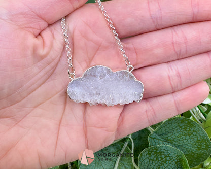 Clear Quartz Cloud Necklace – Polished Druzy Crystal Cloud Pendant – Silver Tone Chain for Clarity, Focus, & High Vibrations